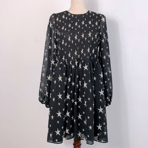 Asos Design Shirred Smocked Star Print Mini Dress Black & White Sz 10 - Picture 3 of 11